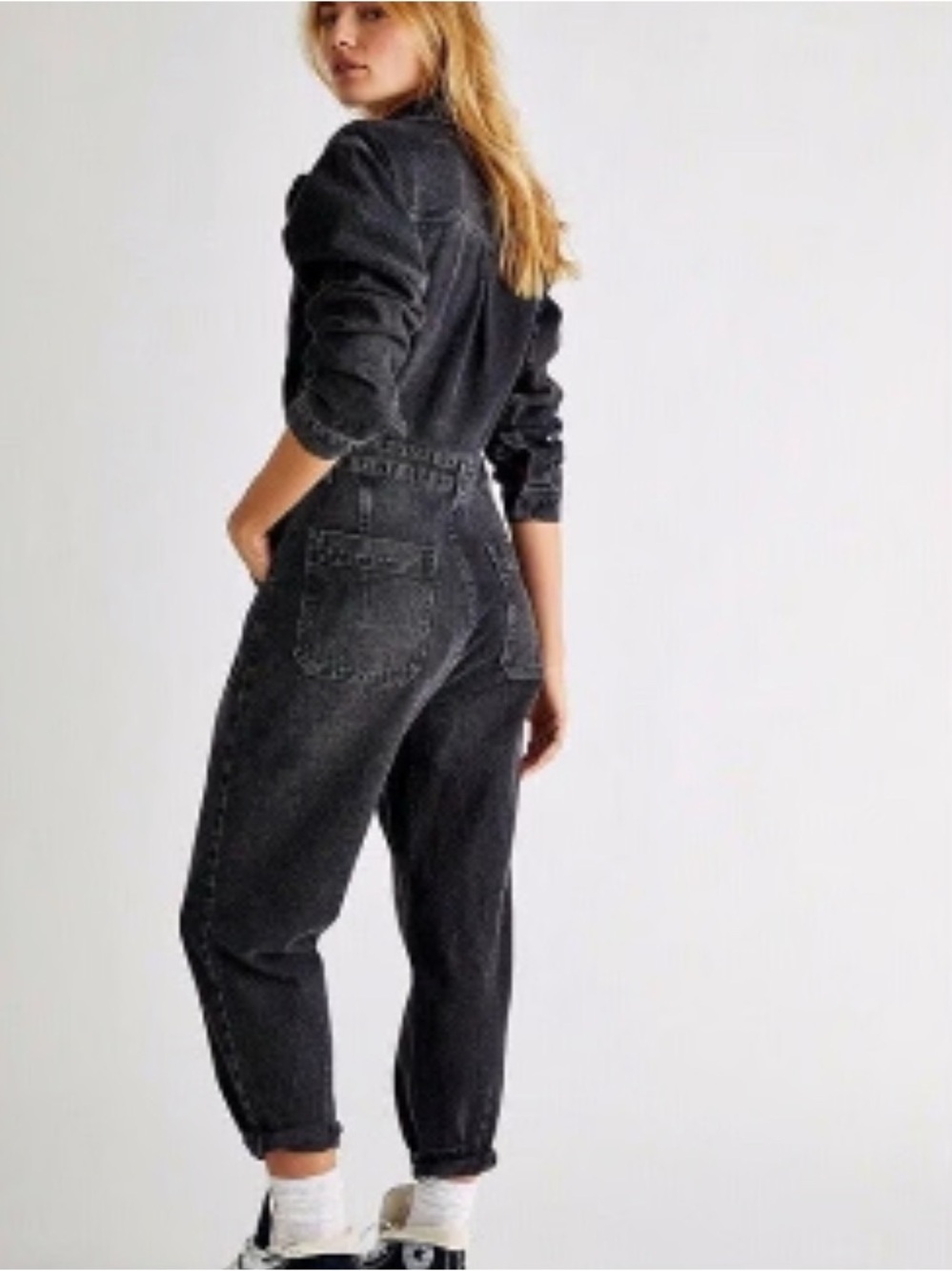 NWT FREE PEOPLE MARIS JUMPSUIT DENIM JEAN COVERALLS LONG SLEEVE UTILITY BLACK - Picture 2 of 7